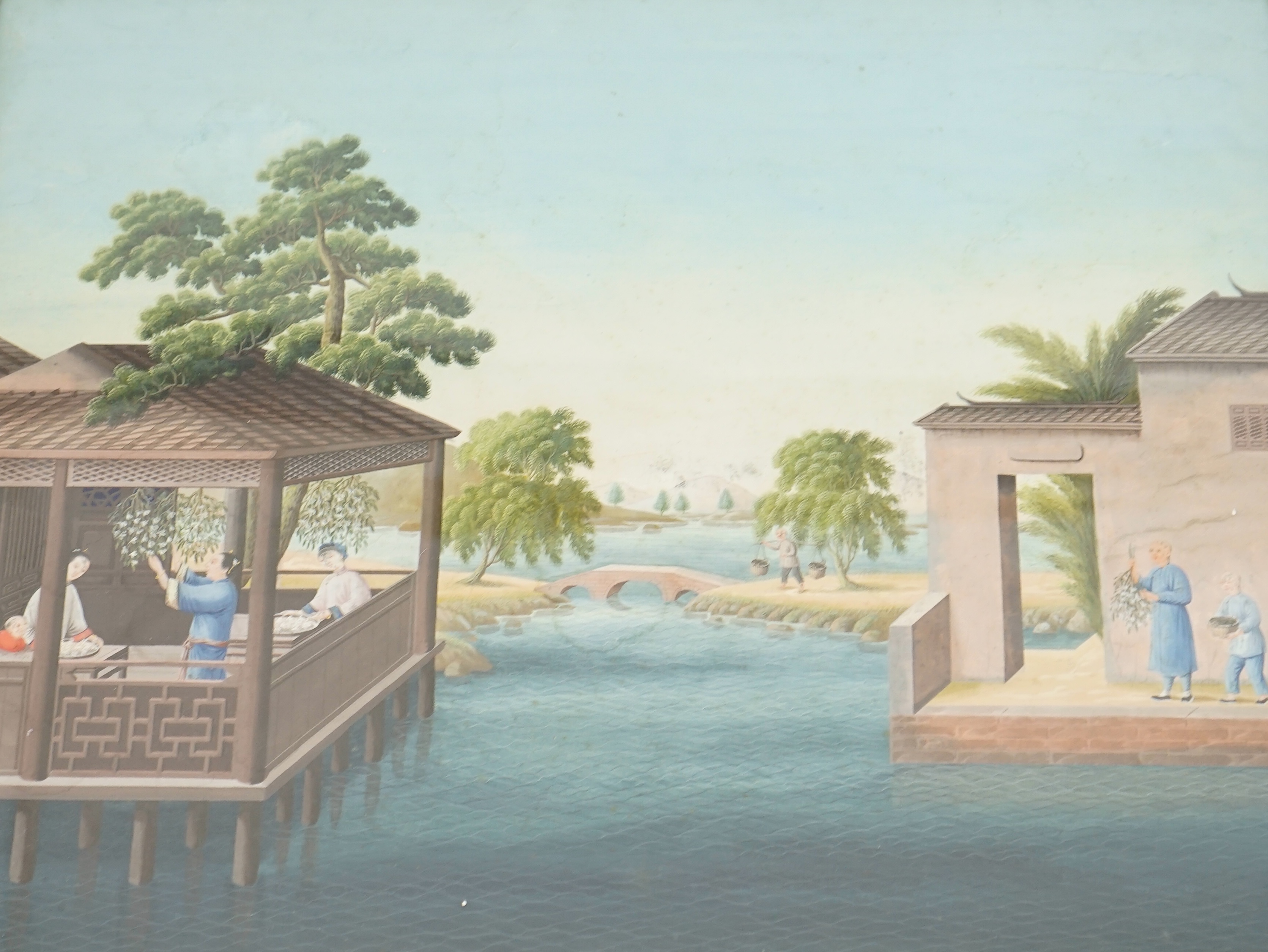 China Trade, Guangzhou School, c.1805, gouache on paper, figures in a pavilion